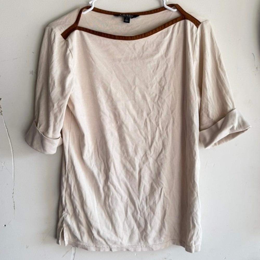 Lauren Ralph Lauren Cream Blouse Brown Trim Boat Neck 3/4 Sleeve Top Womens L